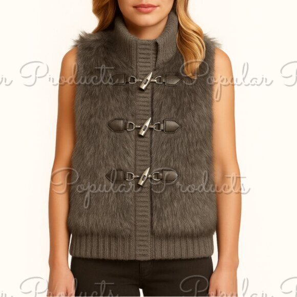 MICHAEL Michael Kors | Faux Fur Toggle Sweater Vest , Grey - Picture 1 of 8
